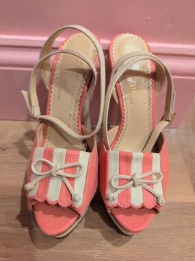 Charlotte Olympia Coral and Cream Striped Peep-Toe Slingback Heels